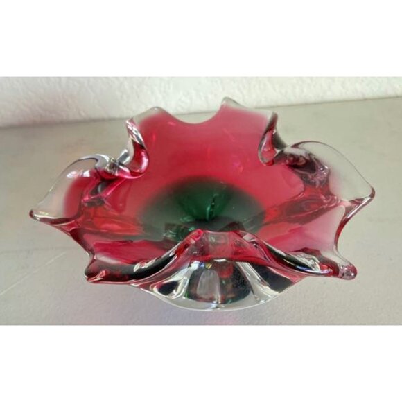 Vintage Bohemia Crystal Red & Clear Art Glass Bowl Made In Czechoslovakia Ruffle - Picture 9 of 9